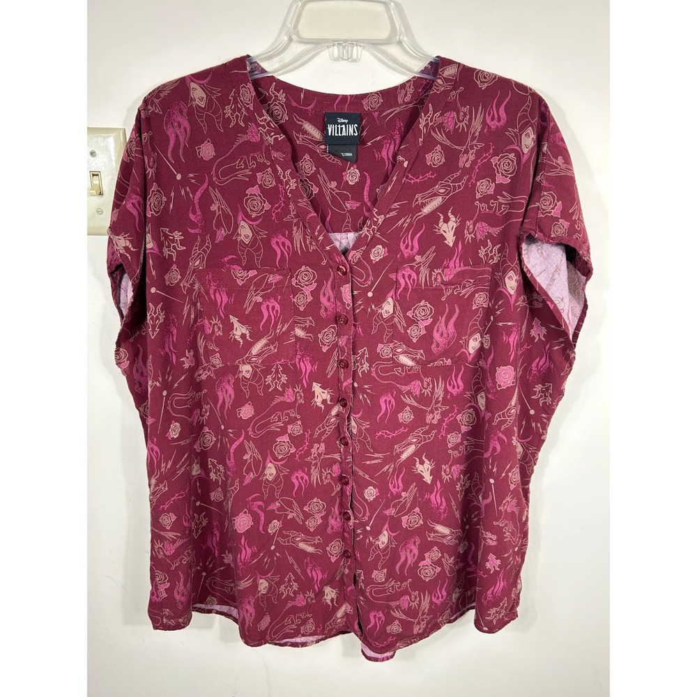 Disney Villains‎ Maleficent Button Down Top Women 2X Burgundy Novelty Disneyana
